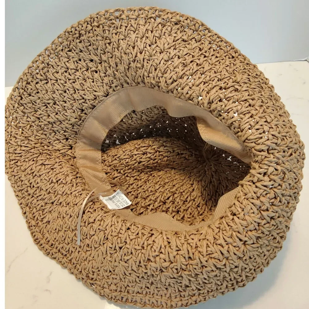 Women's Woven Paper Straw Sun Hat Crochet Beach Bucket Cap with Bow Brown